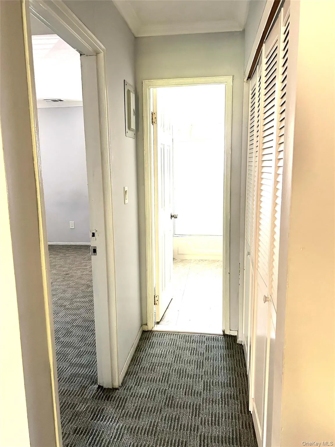 Hallway with dark colored carpet and ornamental molding Hallway with dark colored carpet and ornamental molding