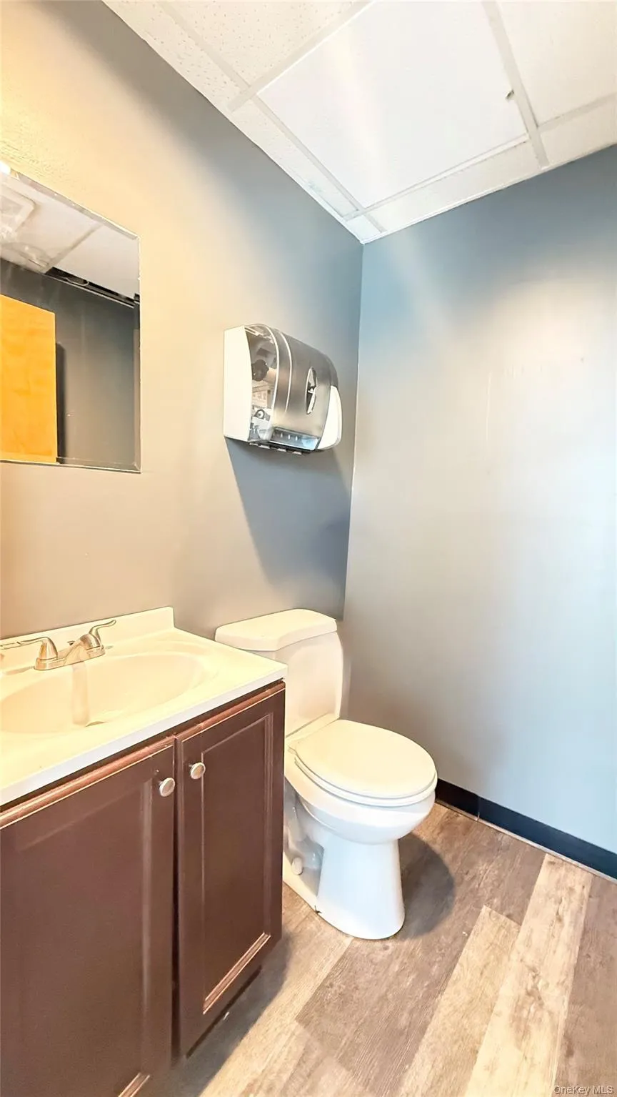 Half bathroom featuring a paneled ceiling, light wood finished floors, and vanity Half bathroom featuring a paneled ceiling, light wood finished floors, and vanity