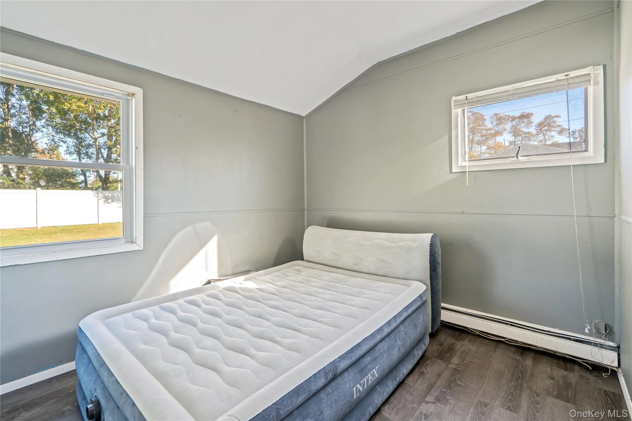 Bedroom with a baseboard radiator, vaulted ceiling, and dark wood-style flooring Bedroom with a baseboard radiator, vaulted ceiling, and dark wood-style flooring