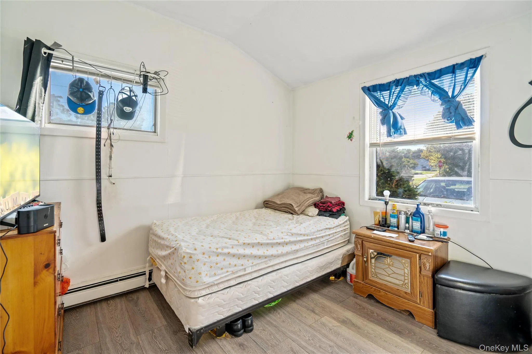 Bedroom featuring lofted ceiling, a baseboard heating unit, and wood finished floors Bedroom featuring lofted ceiling, a baseboard heating unit, and wood finished floors
