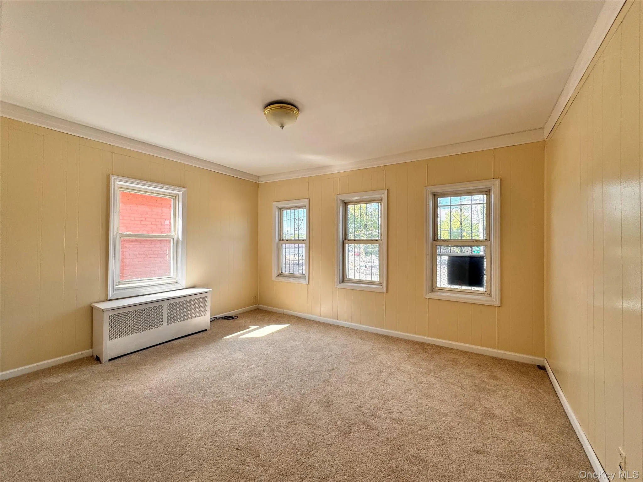 Empty room featuring radiator heating unit, ornamental molding, light colored carpet, and plenty of natural light Empty room featuring radiator heating unit, ornamental molding, light colored carpet, and plenty of natural light