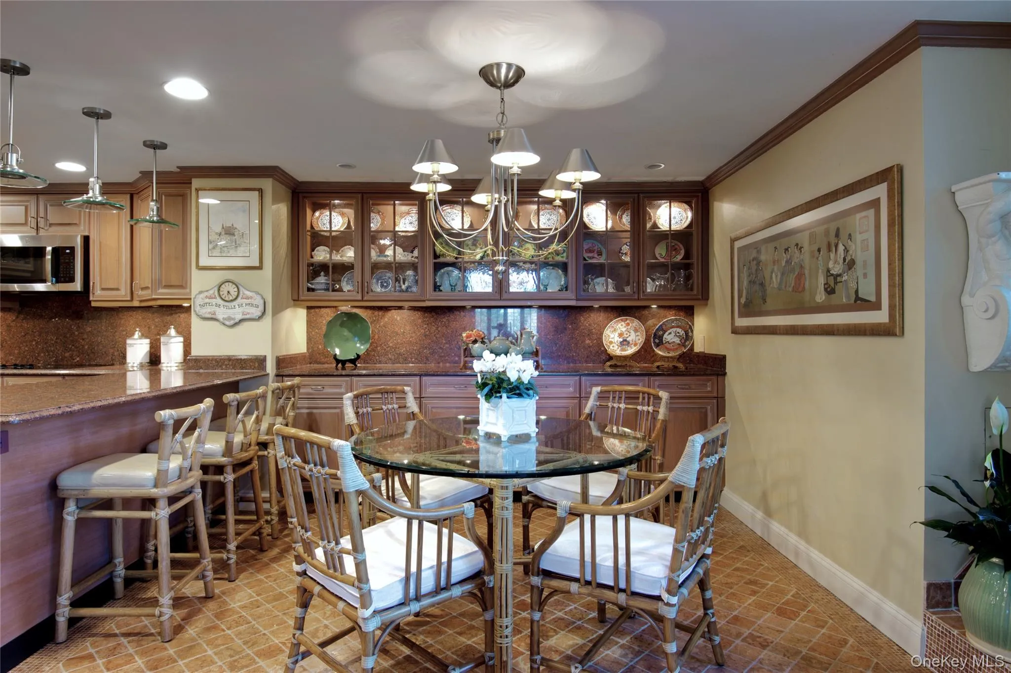 Dining room featuring a chandelier, ornamental molding, and recessed lighting Dining room featuring a chandelier, ornamental molding, and recessed lighting