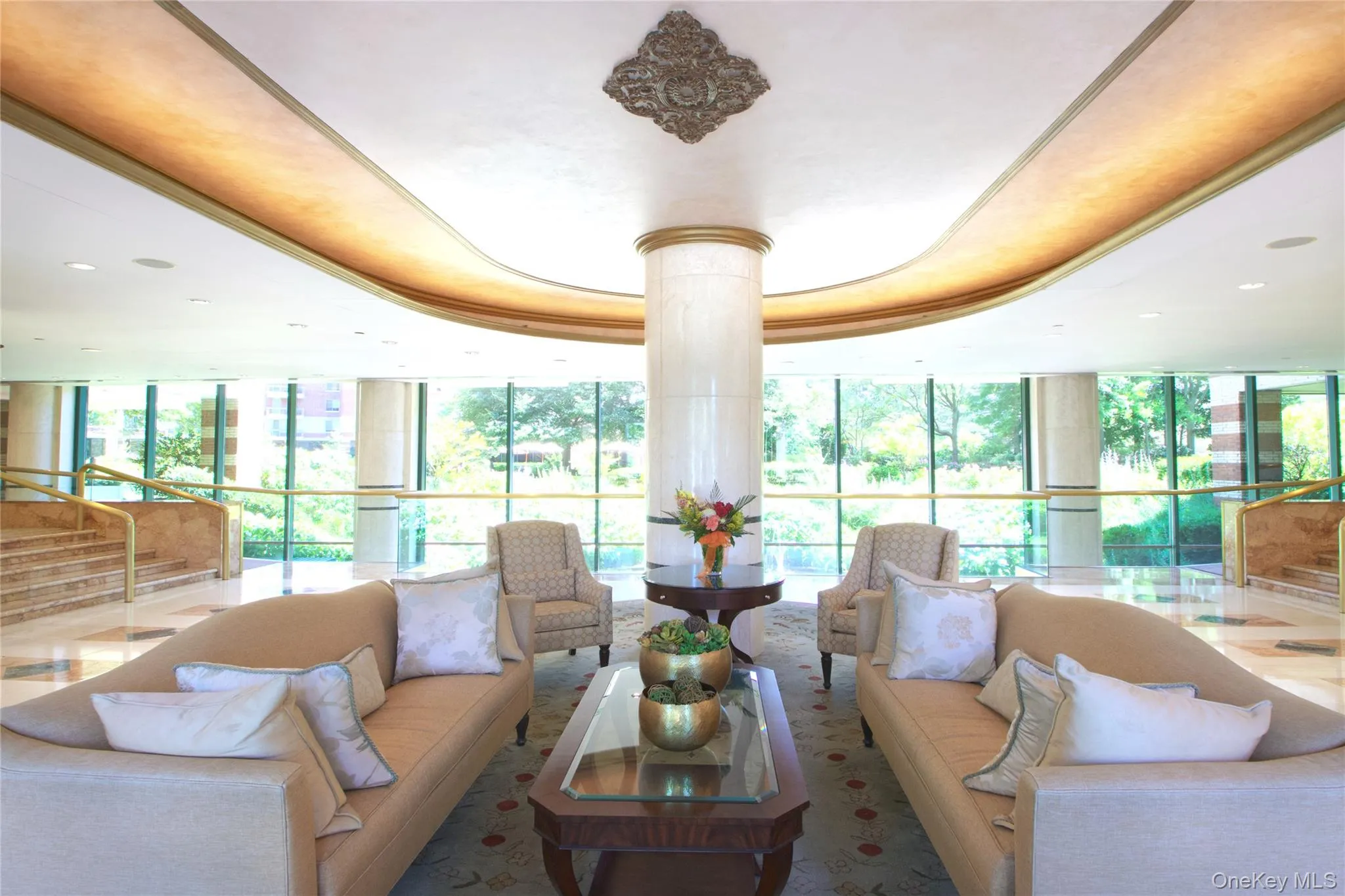 Building lobby with a wall of windows Building lobby with a wall of windows