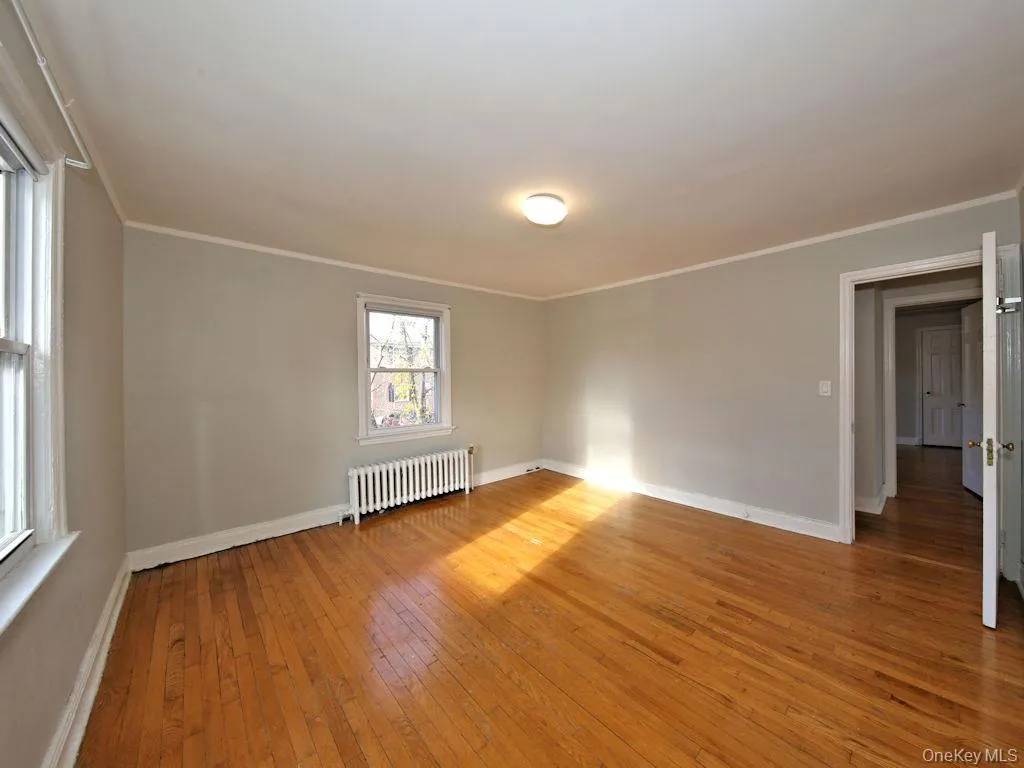 Unfurnished room featuring light wood-style floors, radiator heating unit, and ornamental molding Unfurnished room featuring light wood-style floors, radiator heating unit, and ornamental molding