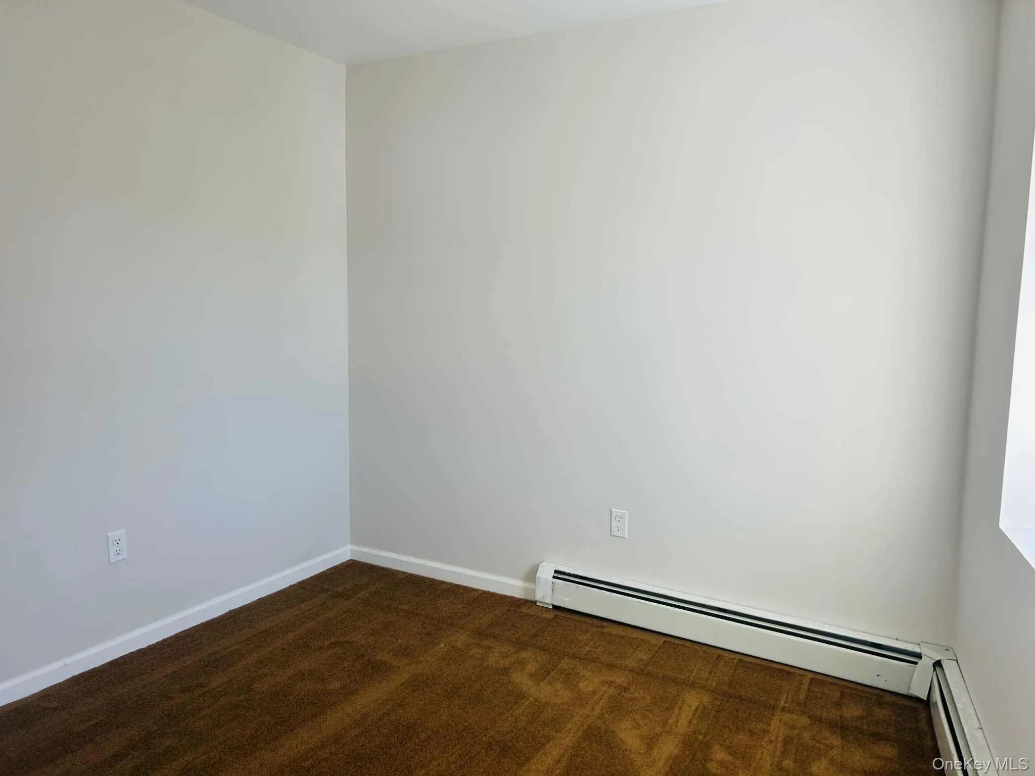 Empty room with a baseboard radiator and dark carpet Empty room with a baseboard radiator and dark carpet