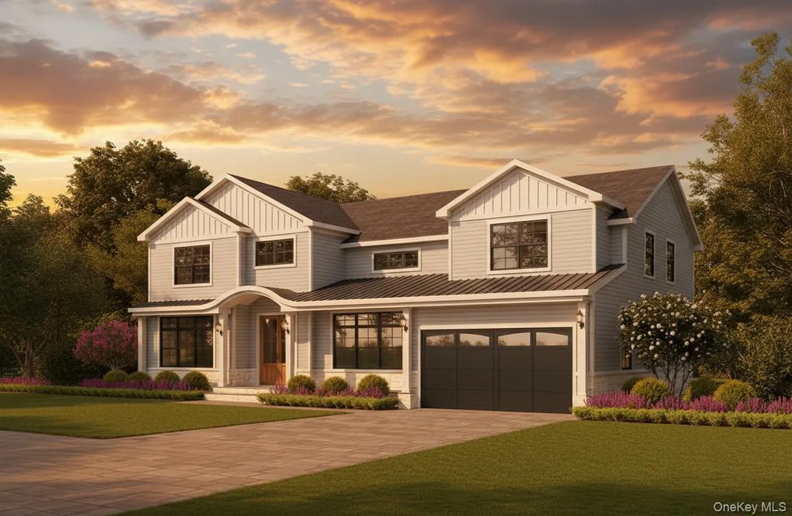 Modern farmhouse style home with board and batten siding, a front yard, driveway, and stone siding Modern farmhouse style home with board and batten siding, a front yard, driveway, and stone siding