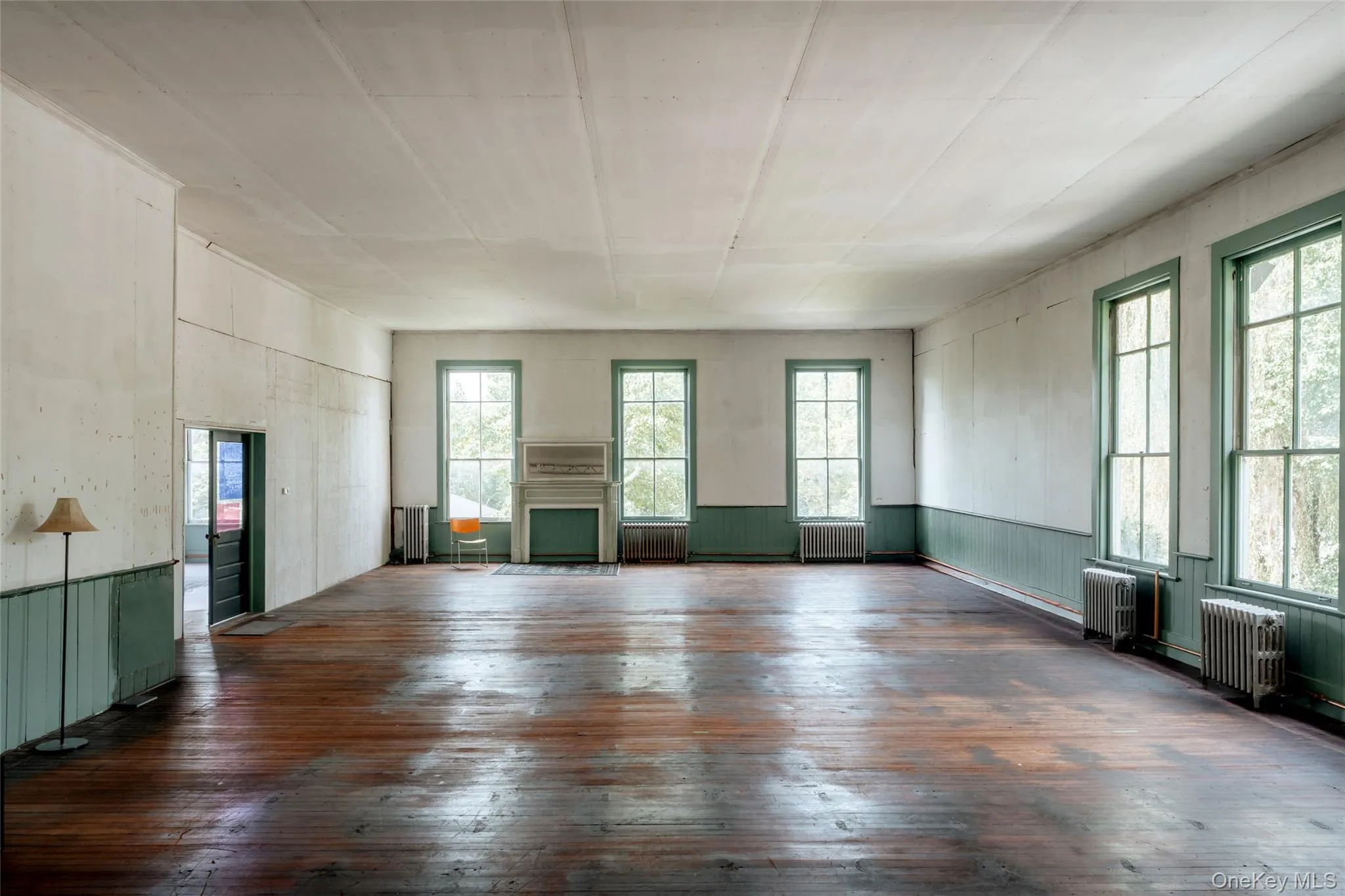 Unfurnished living room featuring dark wood-style floors, wainscoting, plenty of natural light, and radiator Unfurnished living room featuring dark wood-style floors, wainscoting, plenty of natural light, and radiator