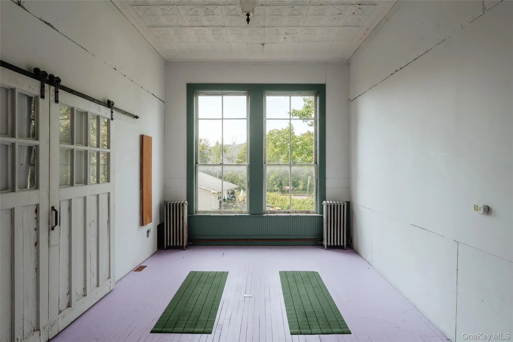 Spare room with a barn door, an ornate ceiling, and radiator heating unit Spare room with a barn door, an ornate ceiling, and radiator heating unit