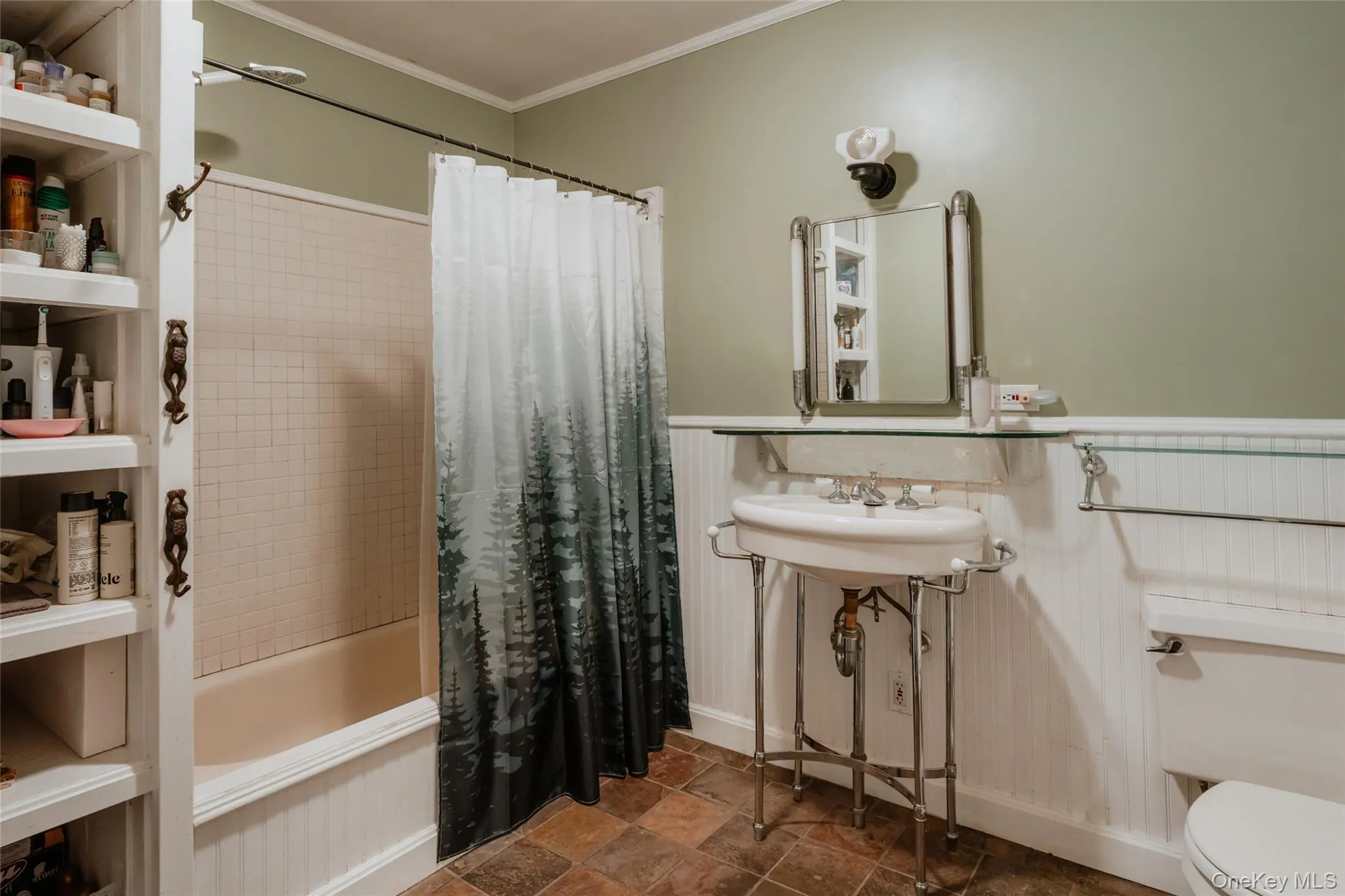 Full bathroom featuring shower / bathtub combination with curtain, crown molding, wainscoting, and dark stone finish flooring Full bathroom featuring shower / bathtub combination with curtain, crown molding, wainscoting, and dark stone finish flooring