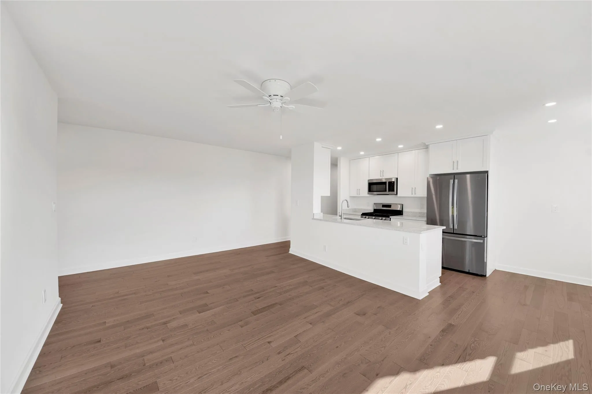 Kitchen featuring appliances with stainless steel finishes, recessed lighting, open floor plan, white cabinetry, and dark wood-type flooring Kitchen featuring appliances with stainless steel finishes, recessed lighting, open floor plan, white cabinetry, and dark wood-type flooring
