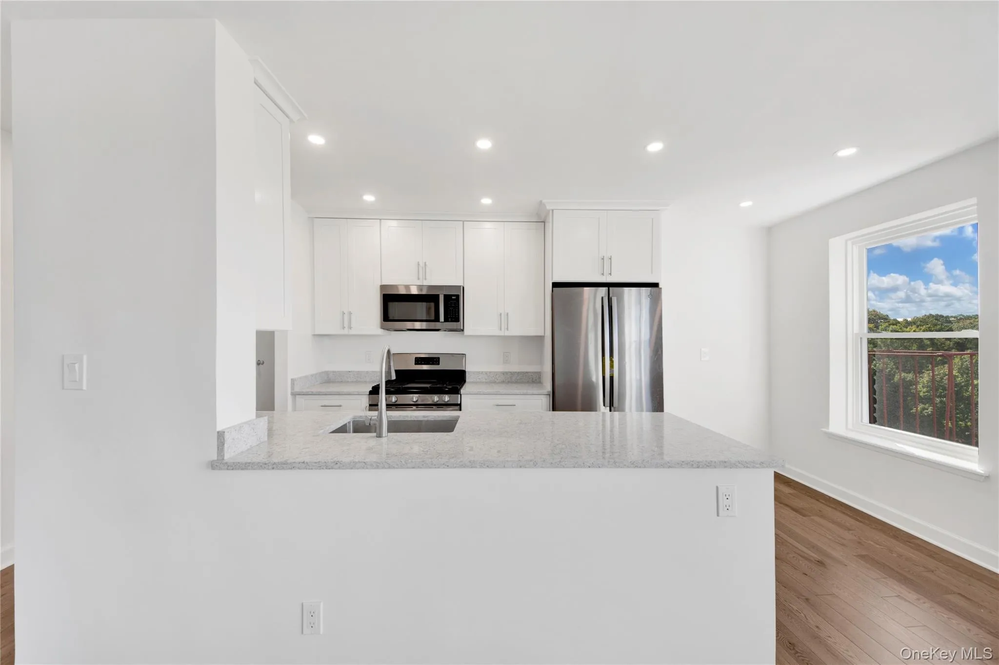 Kitchen with white cabinetry, stainless steel appliances, light stone counters, recessed lighting, and dark wood-style flooring Kitchen with white cabinetry, stainless steel appliances, light stone counters, recessed lighting, and dark wood-style flooring