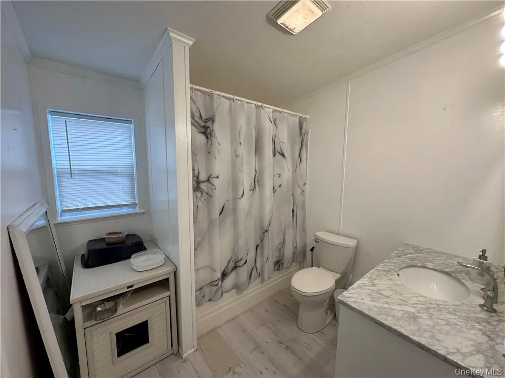 Bathroom featuring vanity, curtained shower, hardwood / wood-style flooring, crown molding, and toilet Bathroom featuring vanity, curtained shower, hardwood / wood-style flooring, crown molding, and toilet