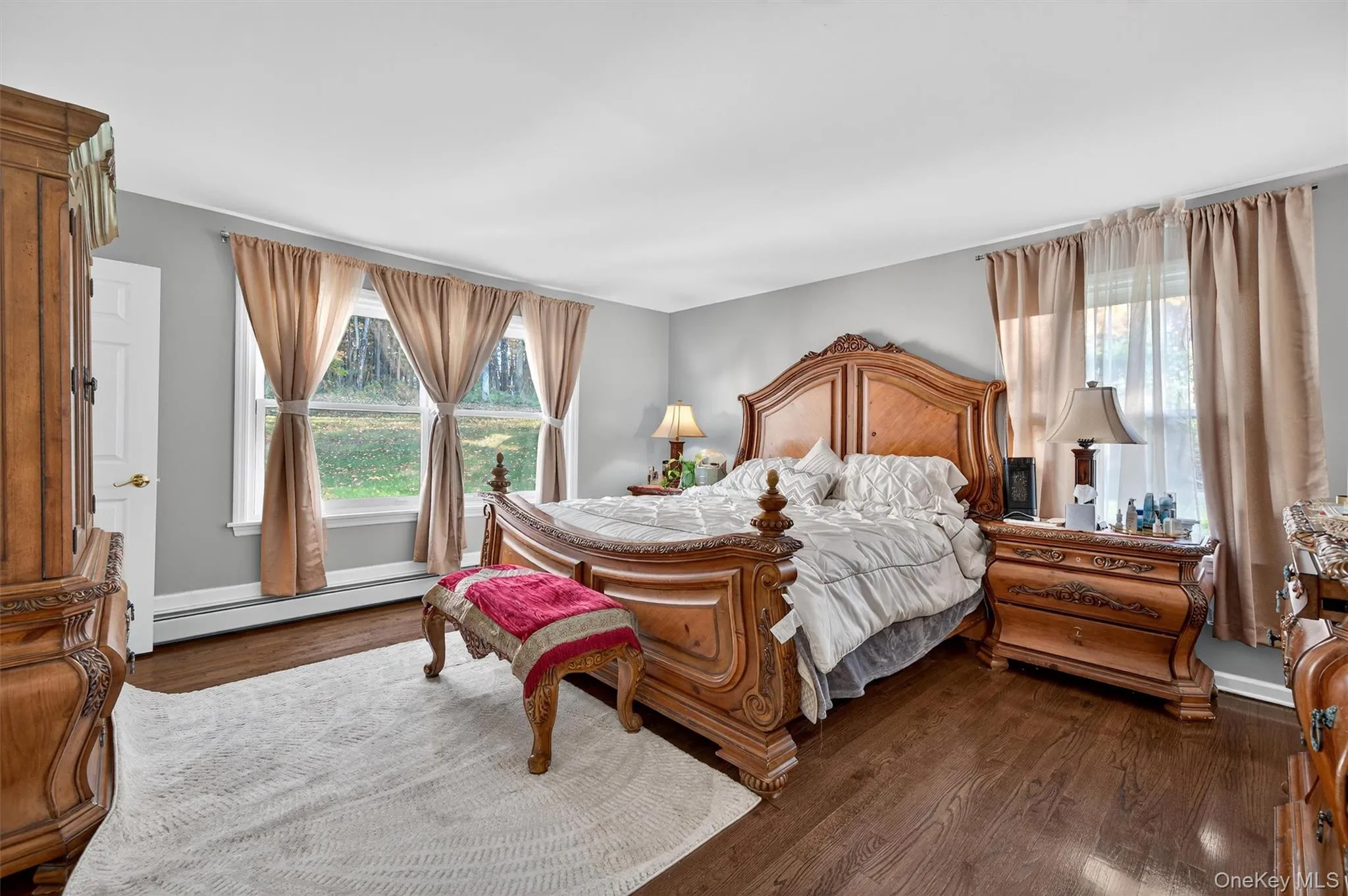 Bedroom featuring dark wood-style floors and a baseboard radiator Bedroom featuring dark wood-style floors and a baseboard radiator