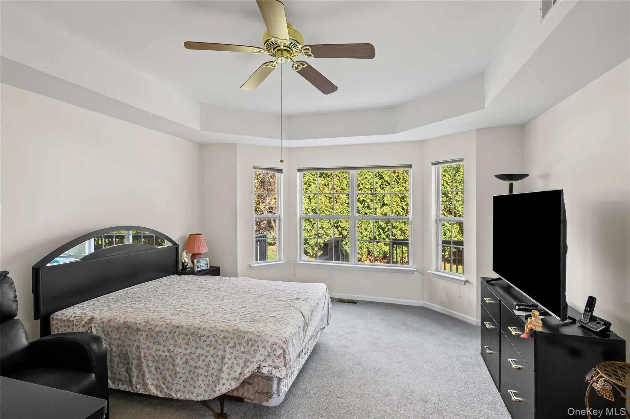 Carpeted bedroom featuring a tray ceiling and ceiling fan Carpeted bedroom featuring a tray ceiling and ceiling fan