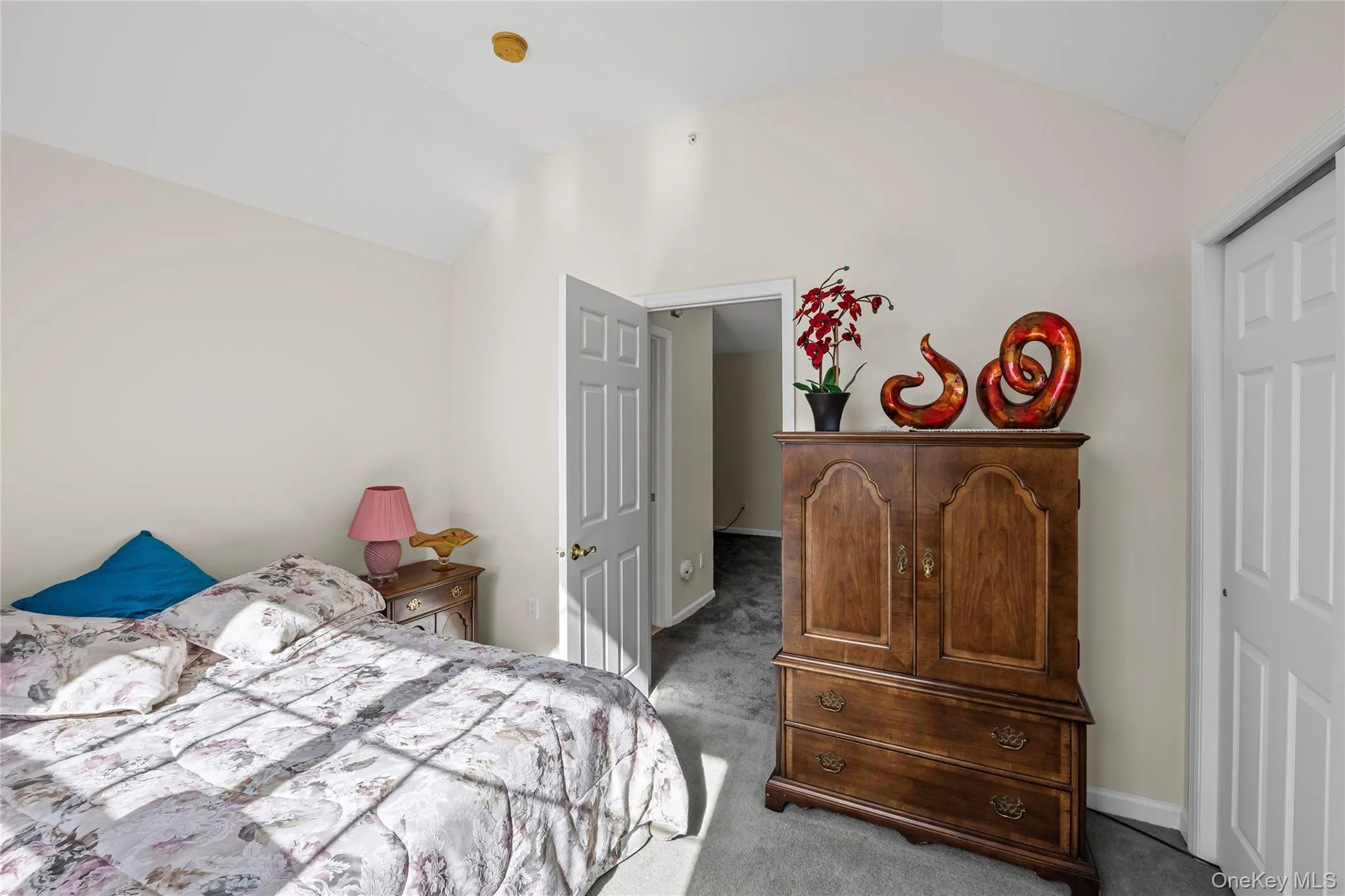 Carpeted bedroom with vaulted ceiling and a closet Carpeted bedroom with vaulted ceiling and a closet
