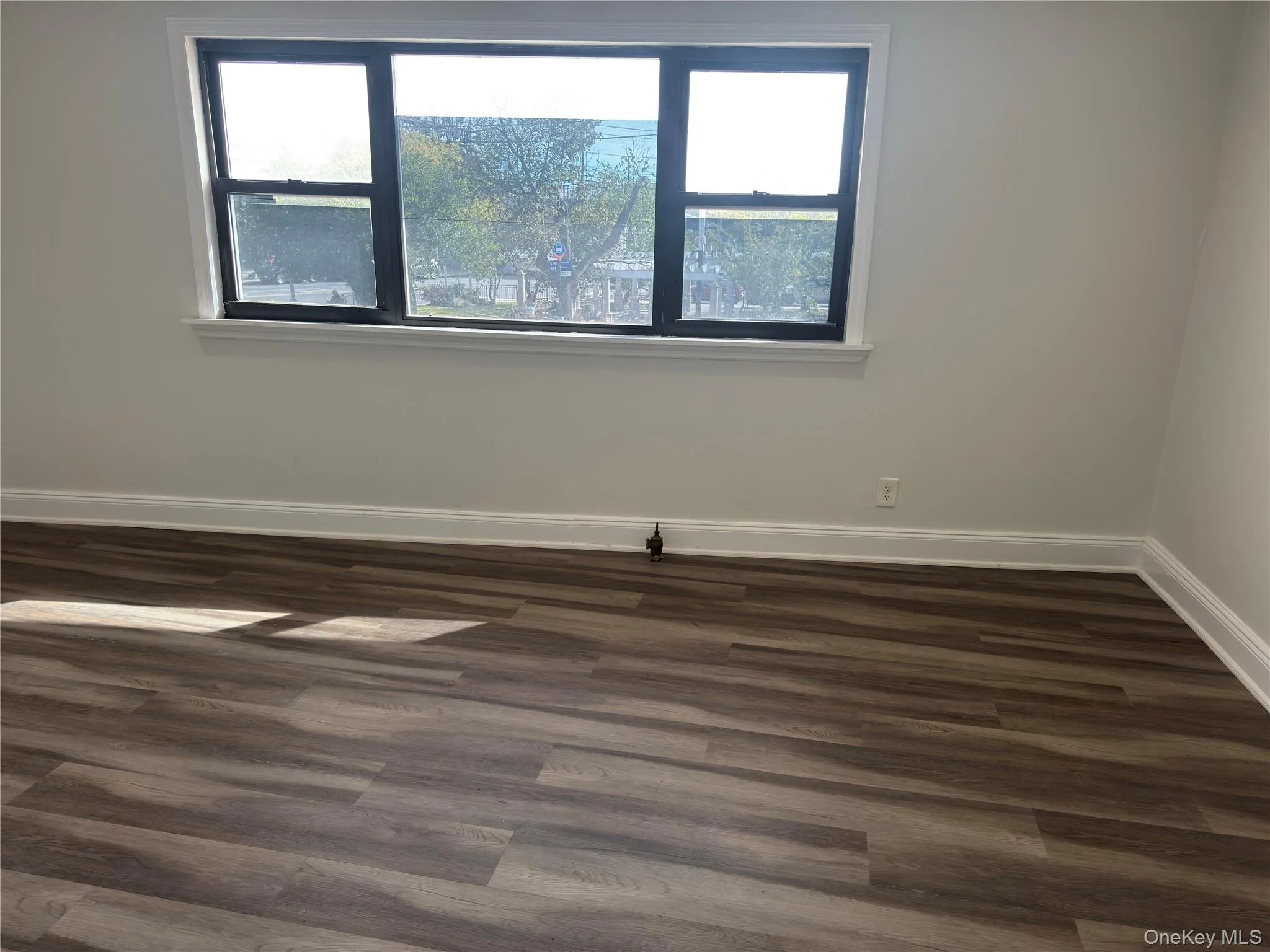 Spare room with baseboards and dark wood-type flooring Spare room with baseboards and dark wood-type flooring