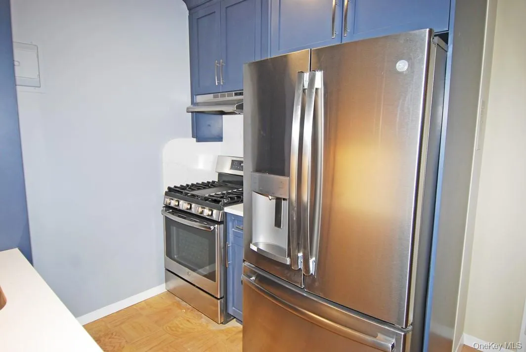 Kitchen featuring blue cabinetry, appliances with stainless steel finishes, and under cabinet range hood Kitchen featuring blue cabinetry, appliances with stainless steel finishes, and under cabinet range hood