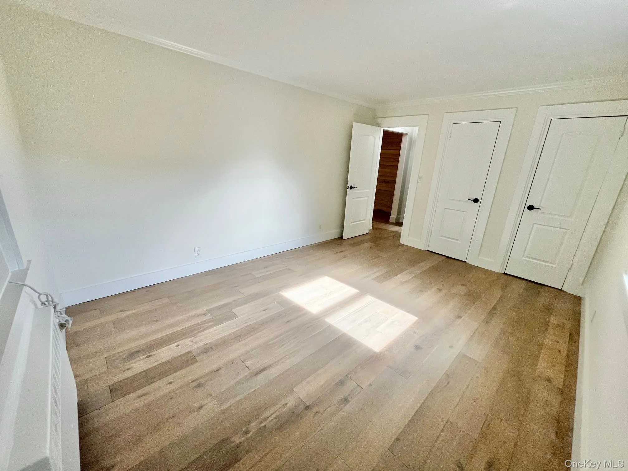 Unfurnished bedroom with light wood-style floors, ornamental molding, and multiple closets Unfurnished bedroom with light wood-style floors, ornamental molding, and multiple closets