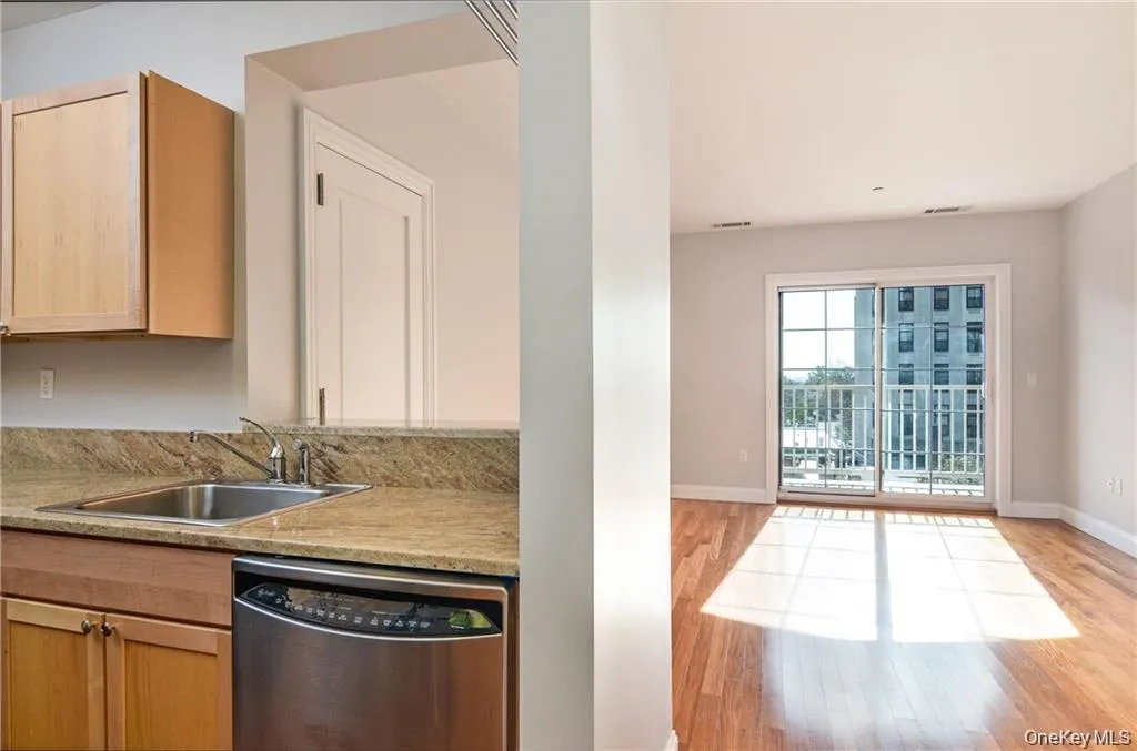 Kitchen featuring stainless steel dishwasher, light countertops, light wood finished floors, and light brown cabinets Kitchen featuring stainless steel dishwasher, light countertops, light wood finished floors, and light brown cabinets