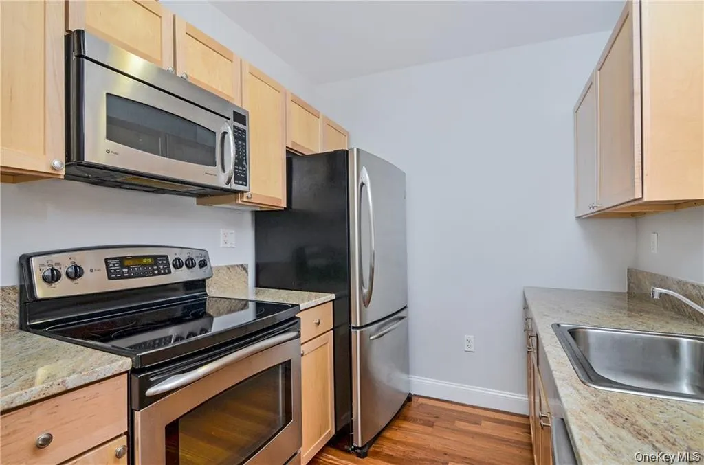 Kitchen with stainless steel appliances, light brown cabinetry, light wood-style floors, and light stone countertops Kitchen with stainless steel appliances, light brown cabinetry, light wood-style floors, and light stone countertops