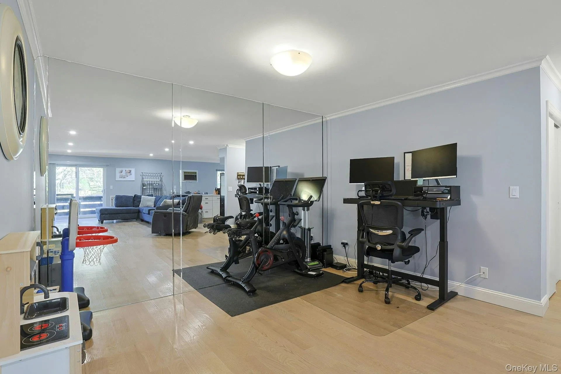 Workout area featuring light wood finished floors and ornamental molding Workout area featuring light wood finished floors and ornamental molding