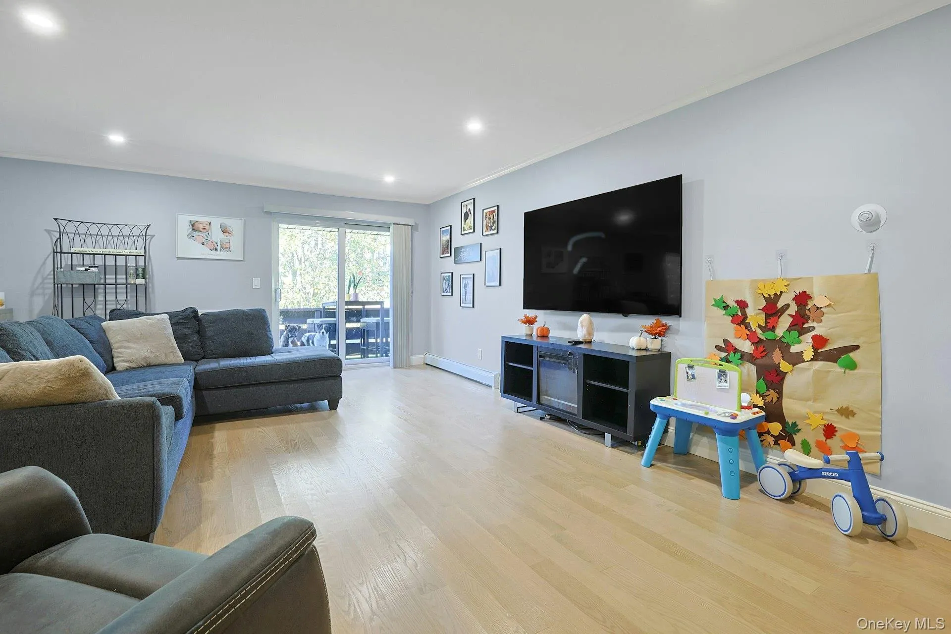 Living area featuring light wood-style floors, ornamental molding, recessed lighting, and a baseboard heating unit Living area featuring light wood-style floors, ornamental molding, recessed lighting, and a baseboard heating unit