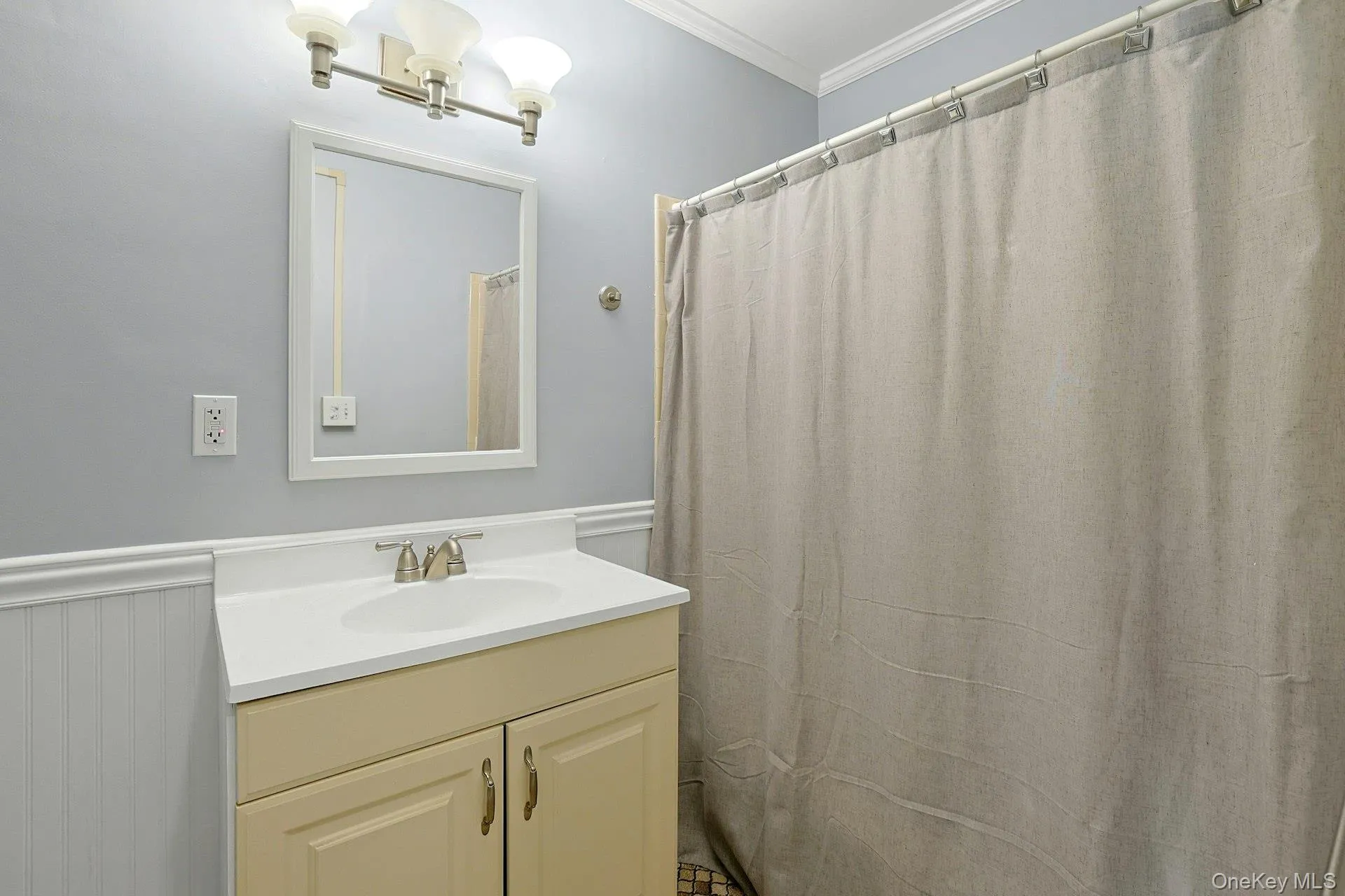 Bathroom with curtained shower, vanity, ornamental molding, and a wainscoted wall Bathroom with curtained shower, vanity, ornamental molding, and a wainscoted wall