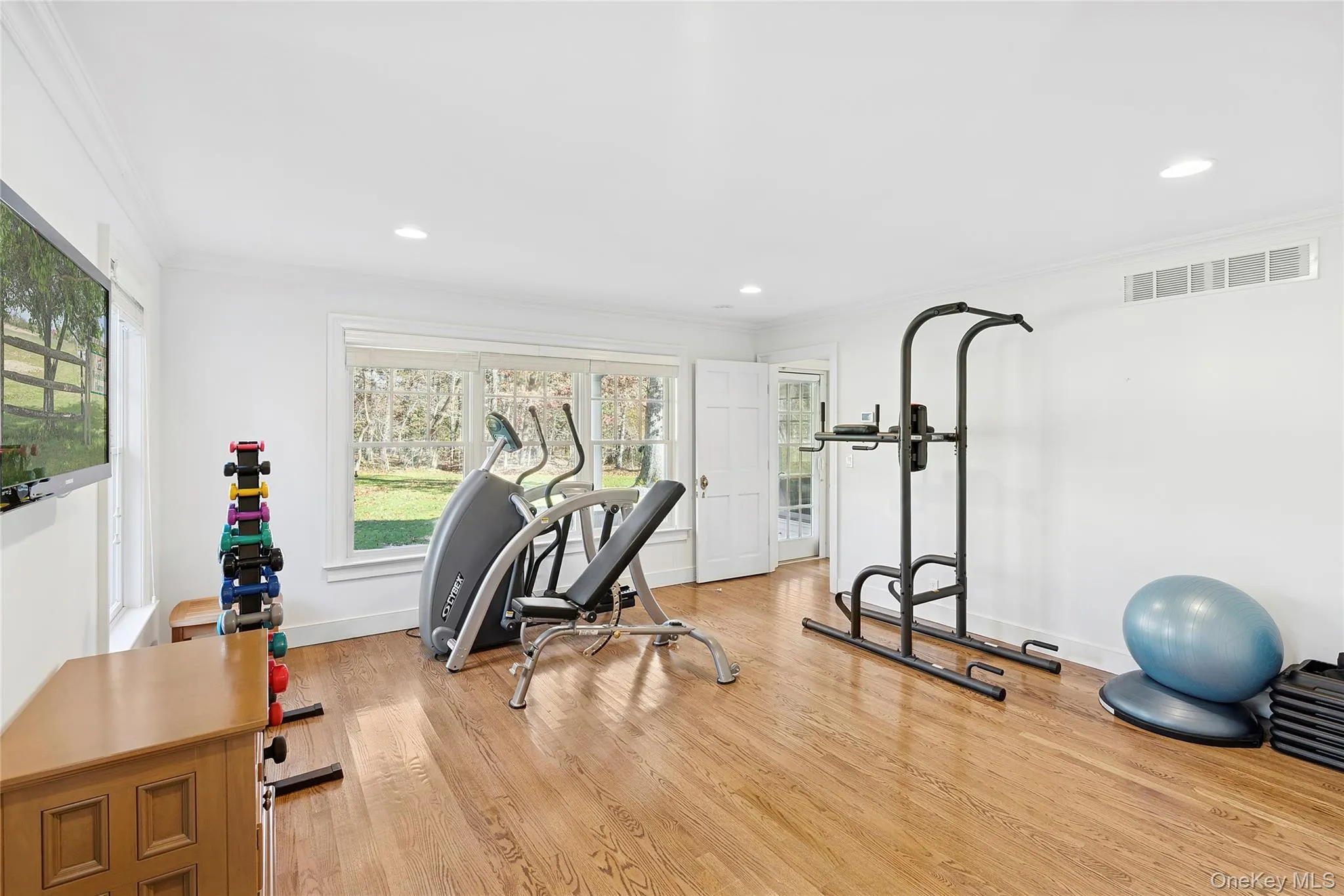 Workout room featuring crown molding, light wood-style flooring, and recessed lighting