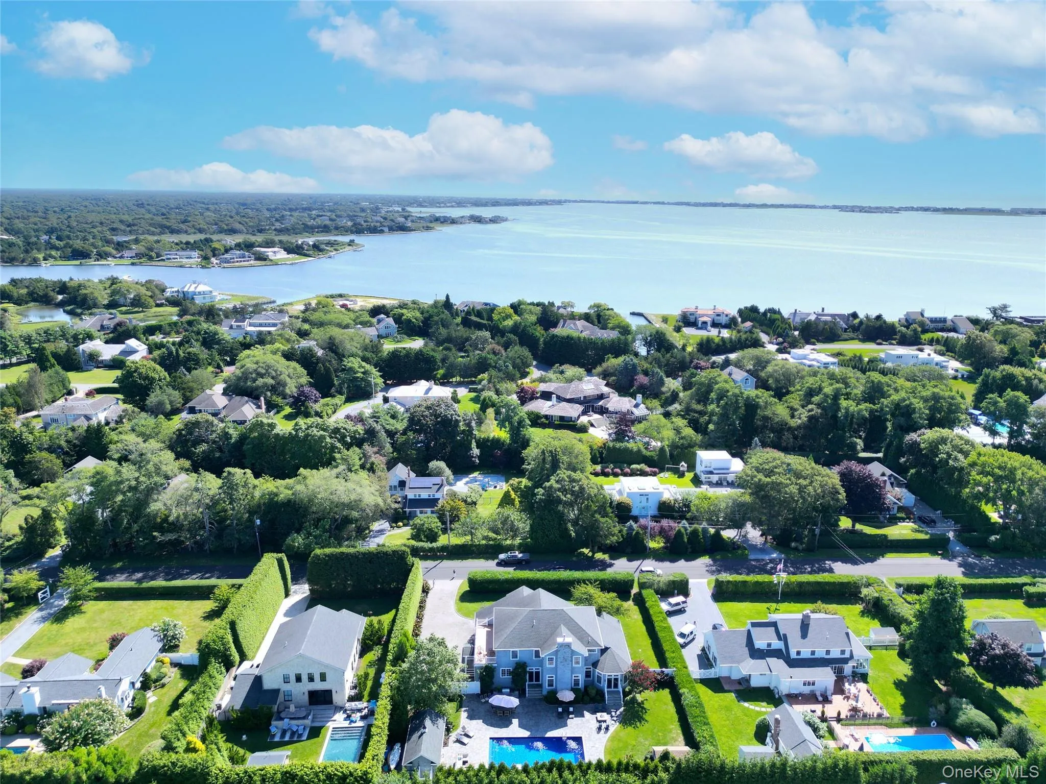 Aerial perspective of suburban area with a pool area and a large body of water Aerial perspective of suburban area with a pool area and a large body of water