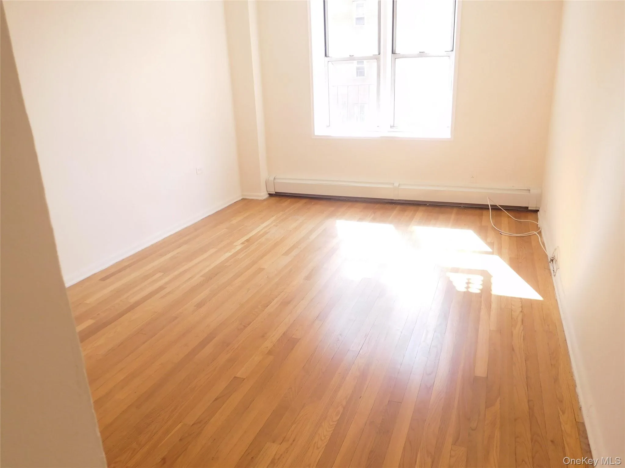 Empty room with light wood-style floors and baseboard heating Empty room with light wood-style floors and baseboard heating