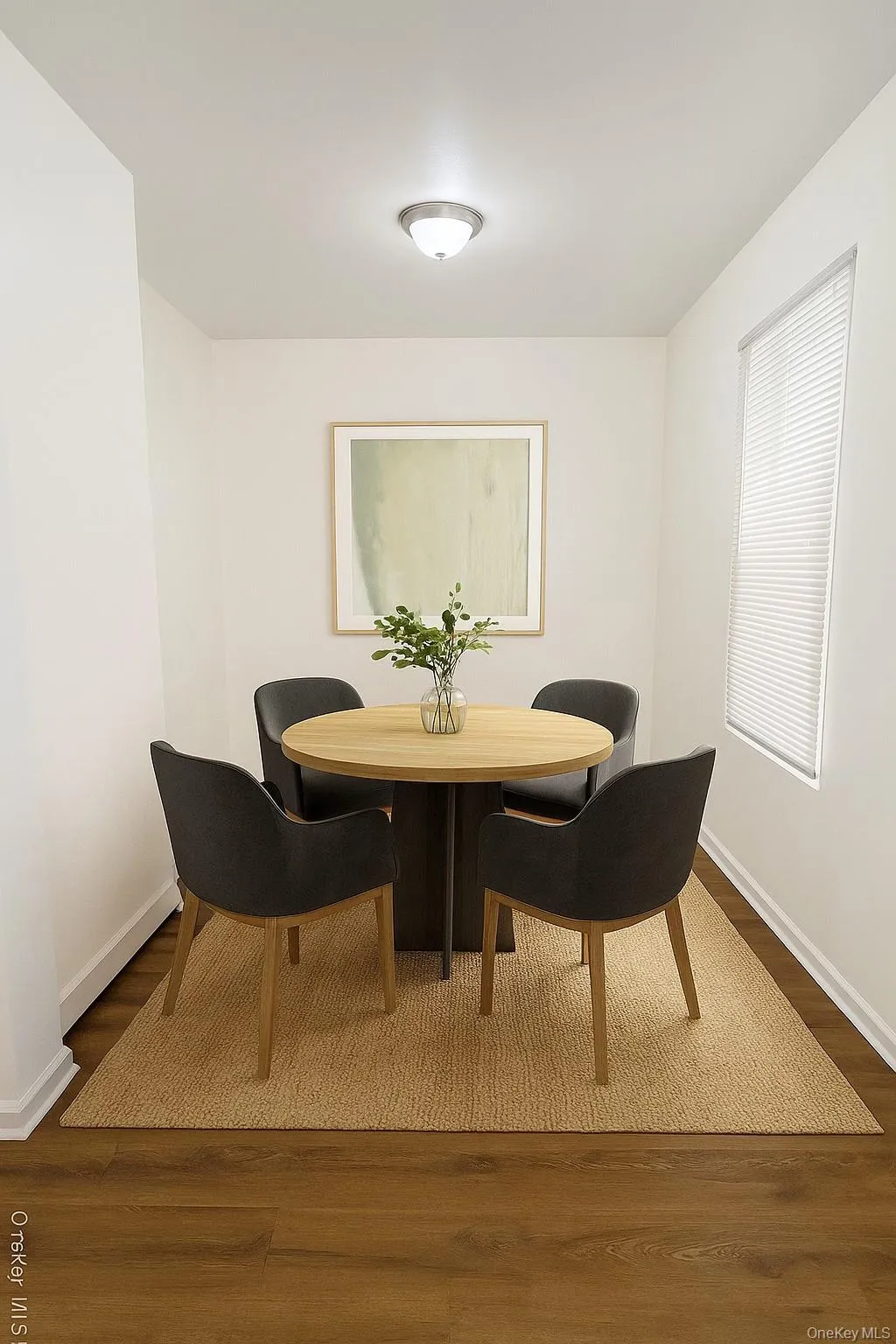 (Virtually staged) Dining space featuring dark wood-type flooring and baseboards (Virtually staged) Dining space featuring dark wood-type flooring and baseboards