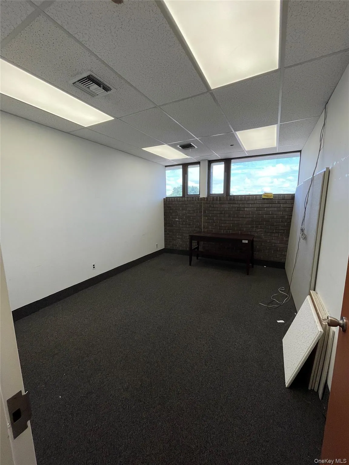 Basement with a paneled ceiling and carpet flooring Basement with a paneled ceiling and carpet flooring