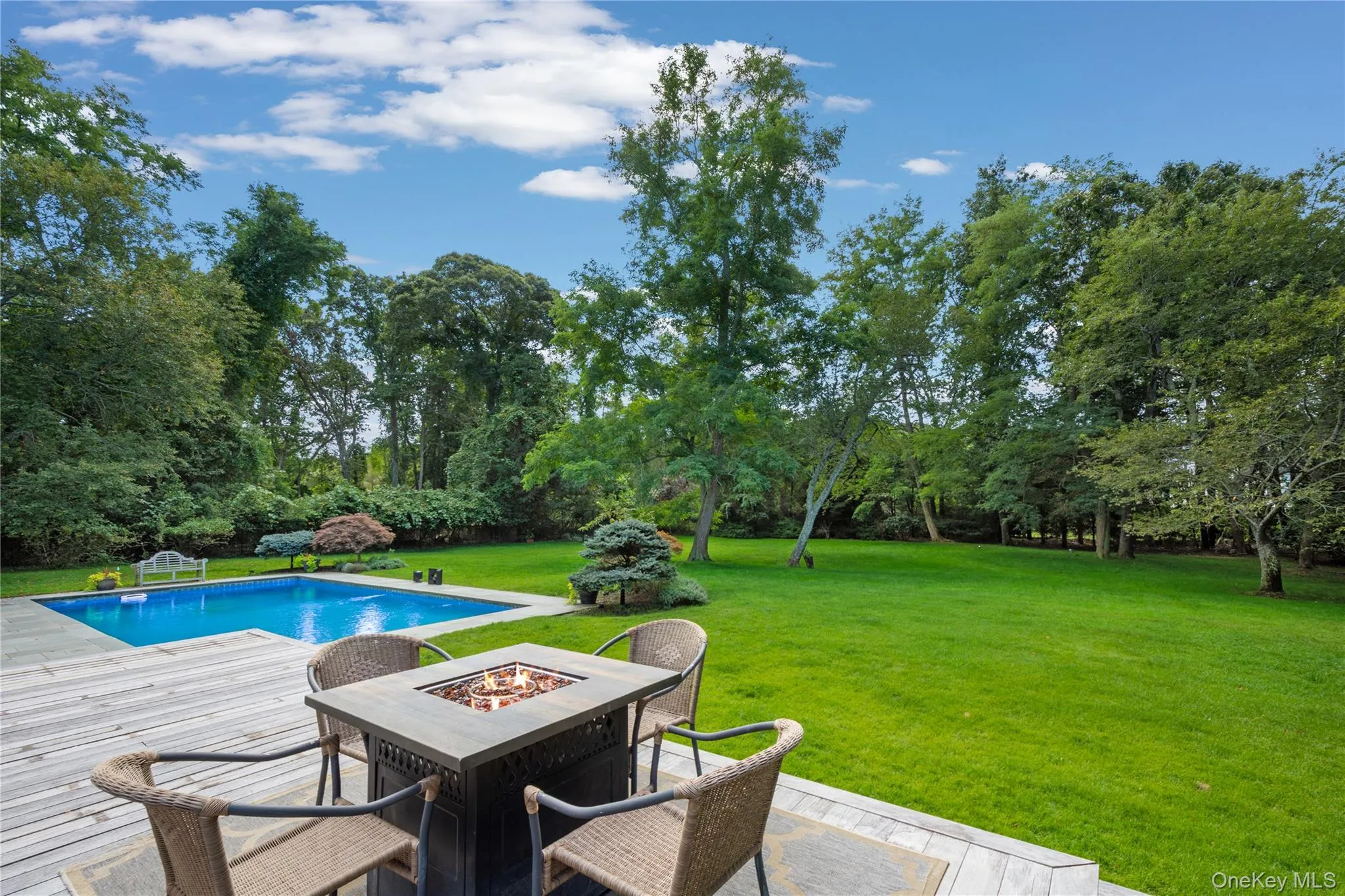 Swimming pool with a lawn, view of wooded area, a fire pit, and a patio area Swimming pool with a lawn, view of wooded area, a fire pit, and a patio area