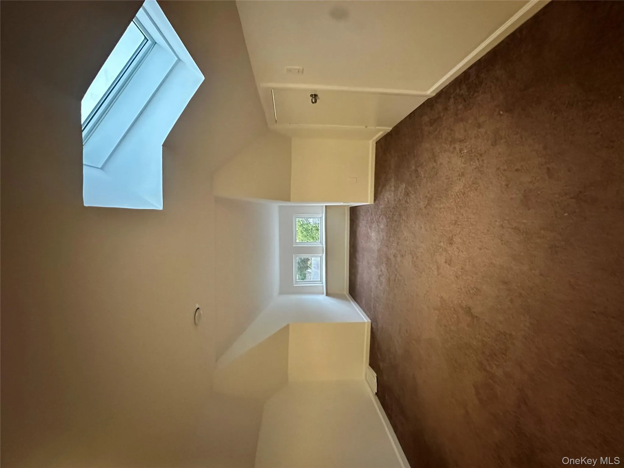 Bonus room featuring lofted ceiling, a skylight, and dark carpet Bonus room featuring lofted ceiling, a skylight, and dark carpet