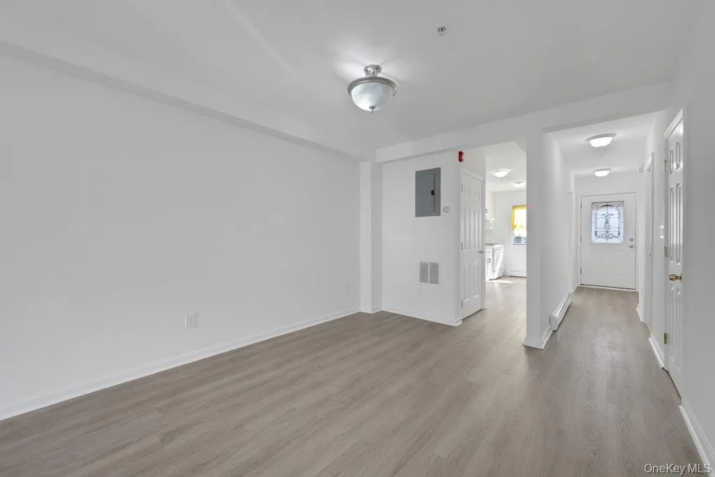 Unfurnished living room featuring light wood-type flooring, electric panel, and a baseboard radiator Unfurnished living room featuring light wood-type flooring, electric panel, and a baseboard radiator