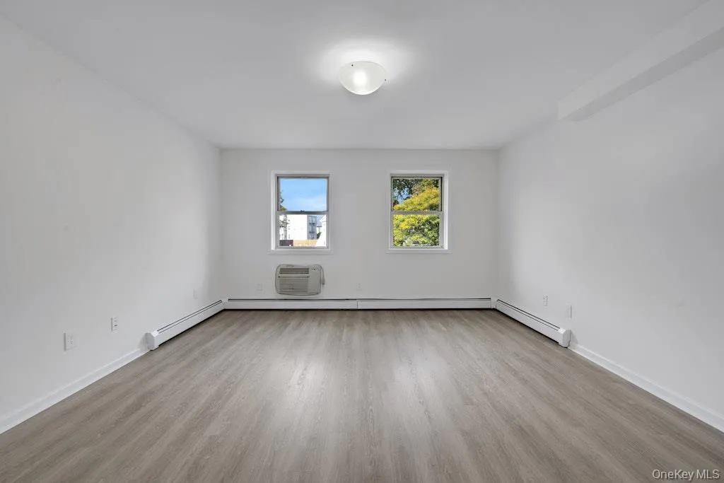 Unfurnished room featuring a wall unit AC, light wood-style floors, and a baseboard radiator Unfurnished room featuring a wall unit AC, light wood-style floors, and a baseboard radiator