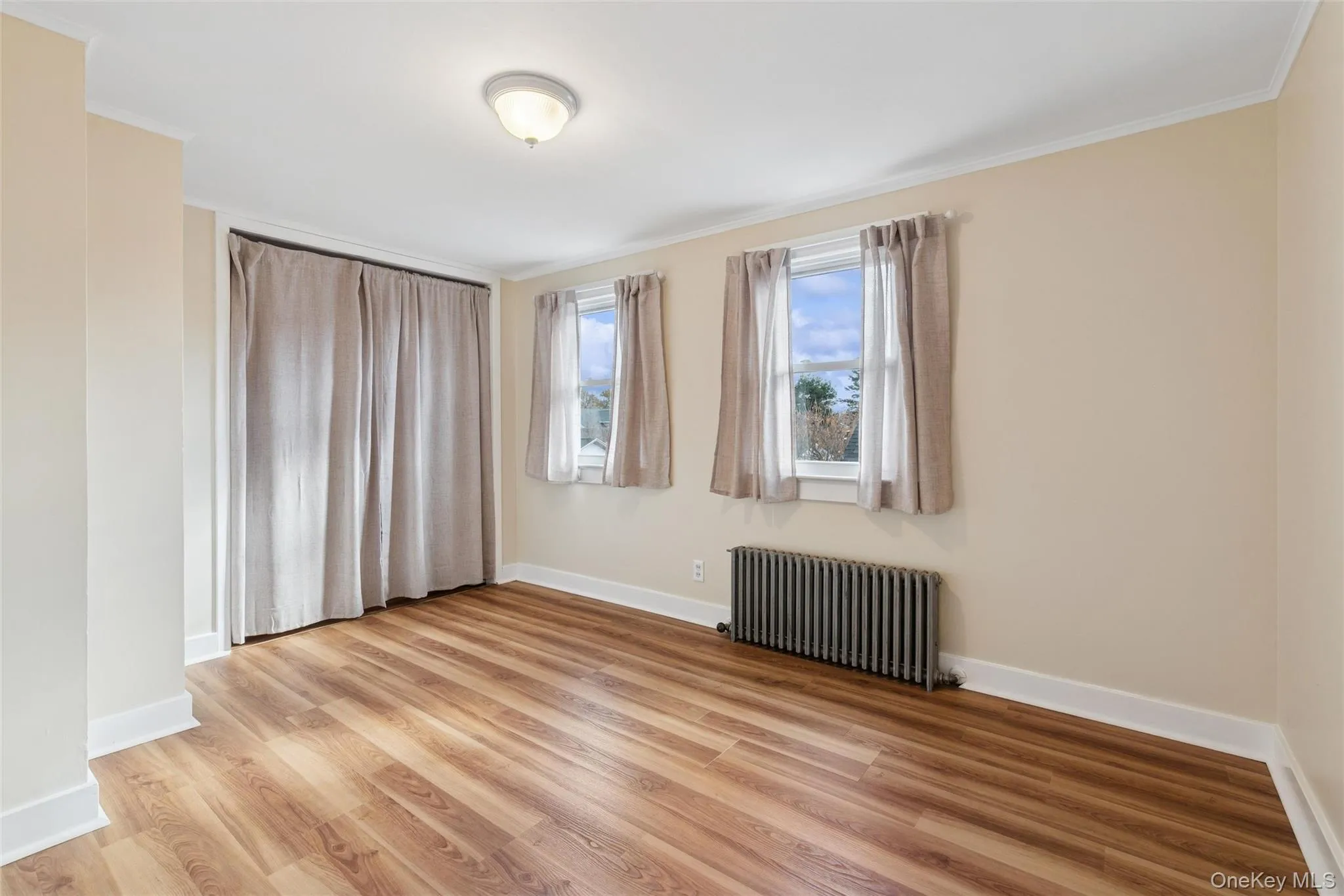 Spare room featuring radiator heating unit, light wood finished floors, and crown molding Spare room featuring radiator heating unit, light wood finished floors, and crown molding