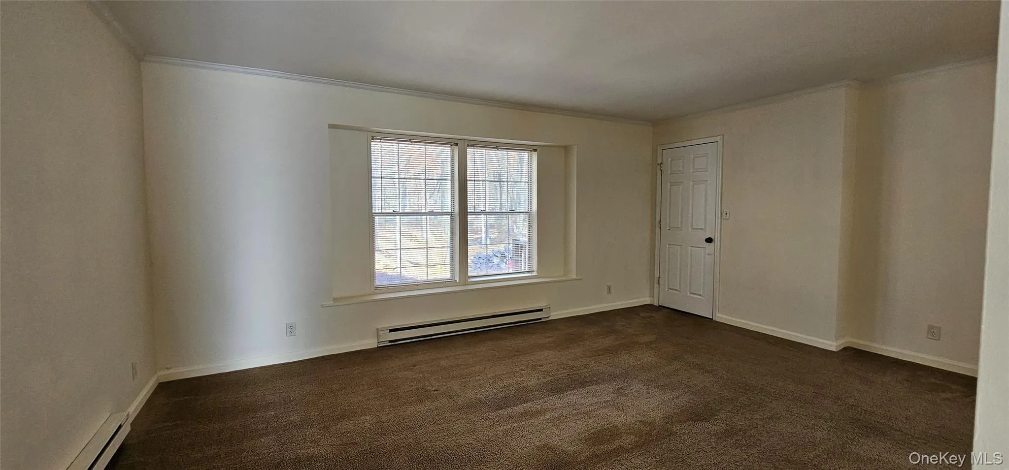 Empty room featuring a baseboard radiator, dark colored carpet, and ornamental molding Empty room featuring a baseboard radiator, dark colored carpet, and ornamental molding
