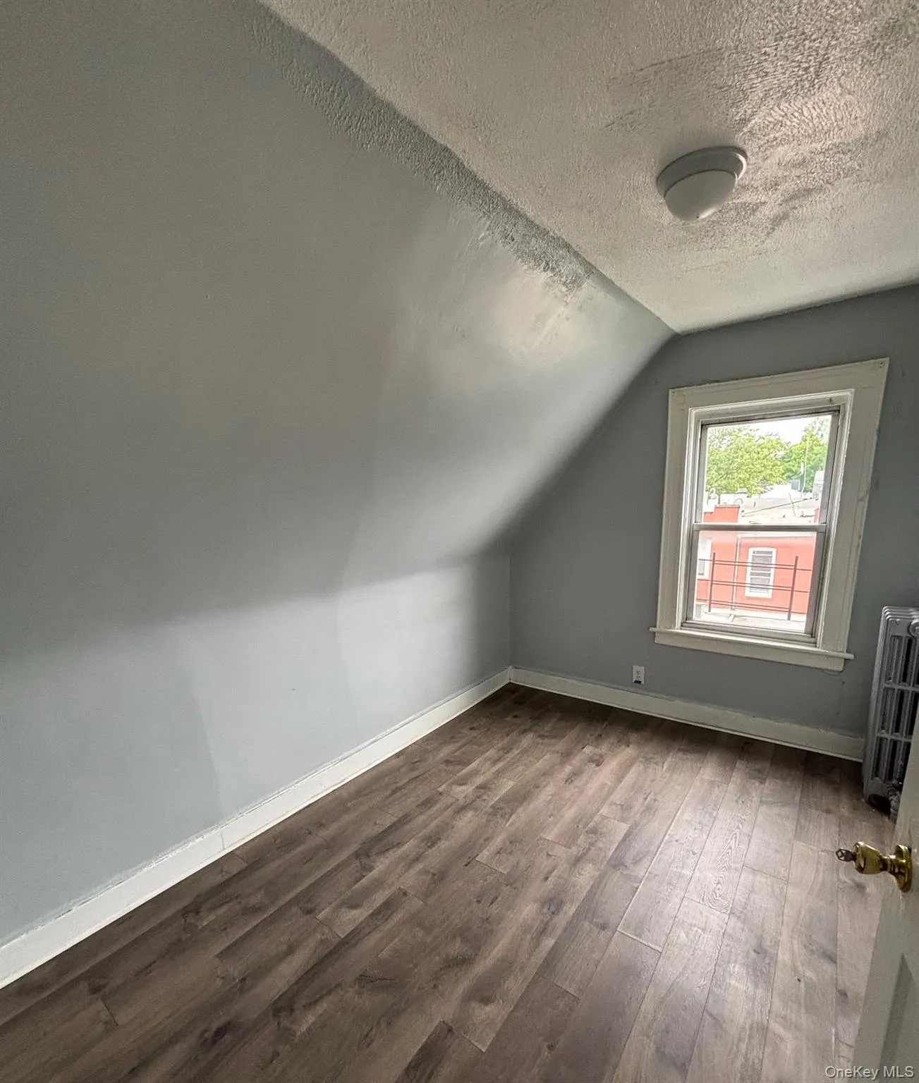 Additional living space with a textured ceiling, wood finished floors, radiator, and lofted ceiling Additional living space with a textured ceiling, wood finished floors, radiator, and lofted ceiling