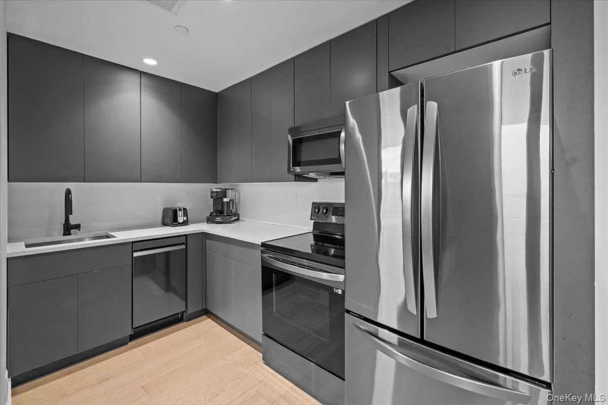 Kitchen featuring modern cabinets, appliances with stainless steel finishes, recessed lighting, and light wood finished floors Kitchen featuring modern cabinets, appliances with stainless steel finishes, recessed lighting, and light wood finished floors