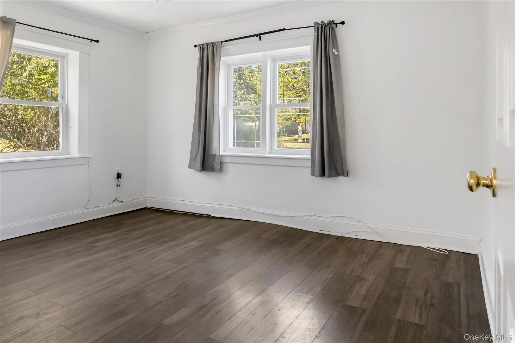 Unfurnished room with healthy amount of natural light, dark wood finished floors, and crown molding Unfurnished room with healthy amount of natural light, dark wood finished floors, and crown molding