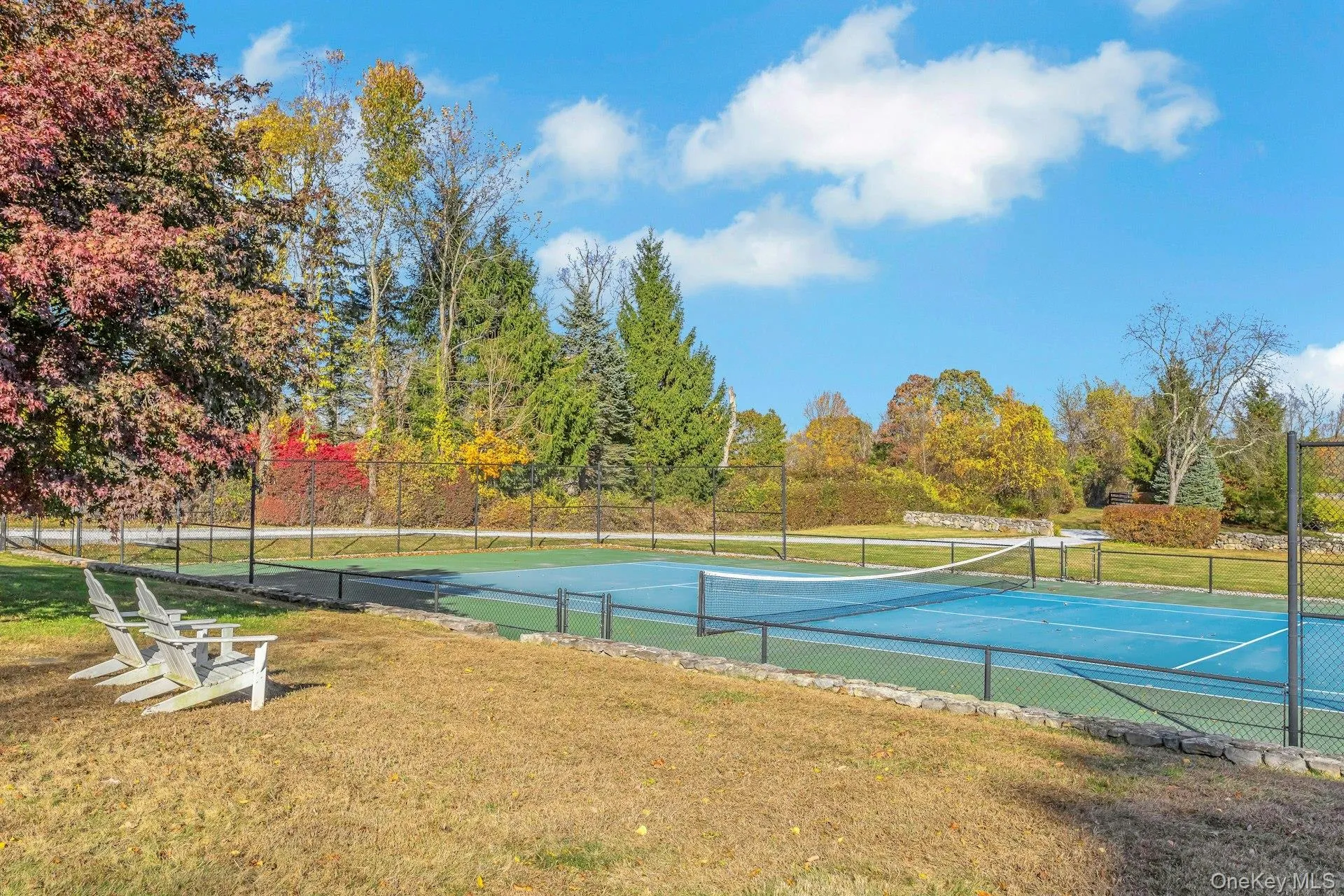 View of tennis court with view of scattered trees View of tennis court with view of scattered trees