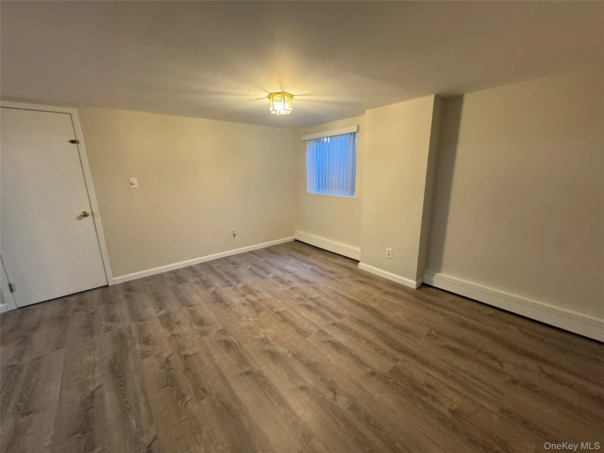 Living room with wood finished floors and a baseboard radiator Living room with wood finished floors and a baseboard radiator