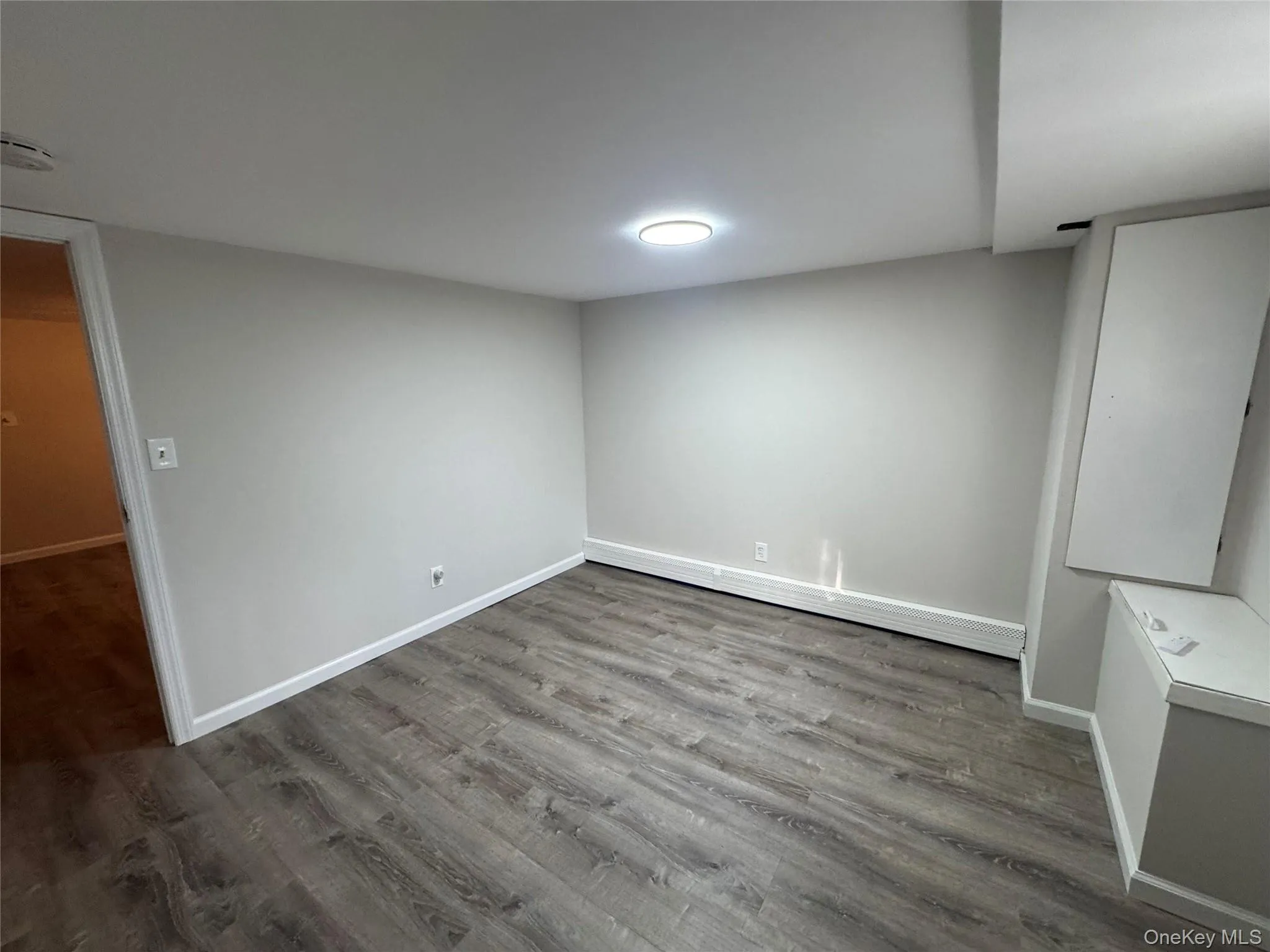 Below grade area with dark wood-style floors and baseboard heating Below grade area with dark wood-style floors and baseboard heating