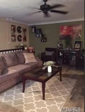 Living room featuring wood finished floors, crown molding, a textured ceiling, and a ceiling fan Living room featuring wood finished floors, crown molding, a textured ceiling, and a ceiling fan
