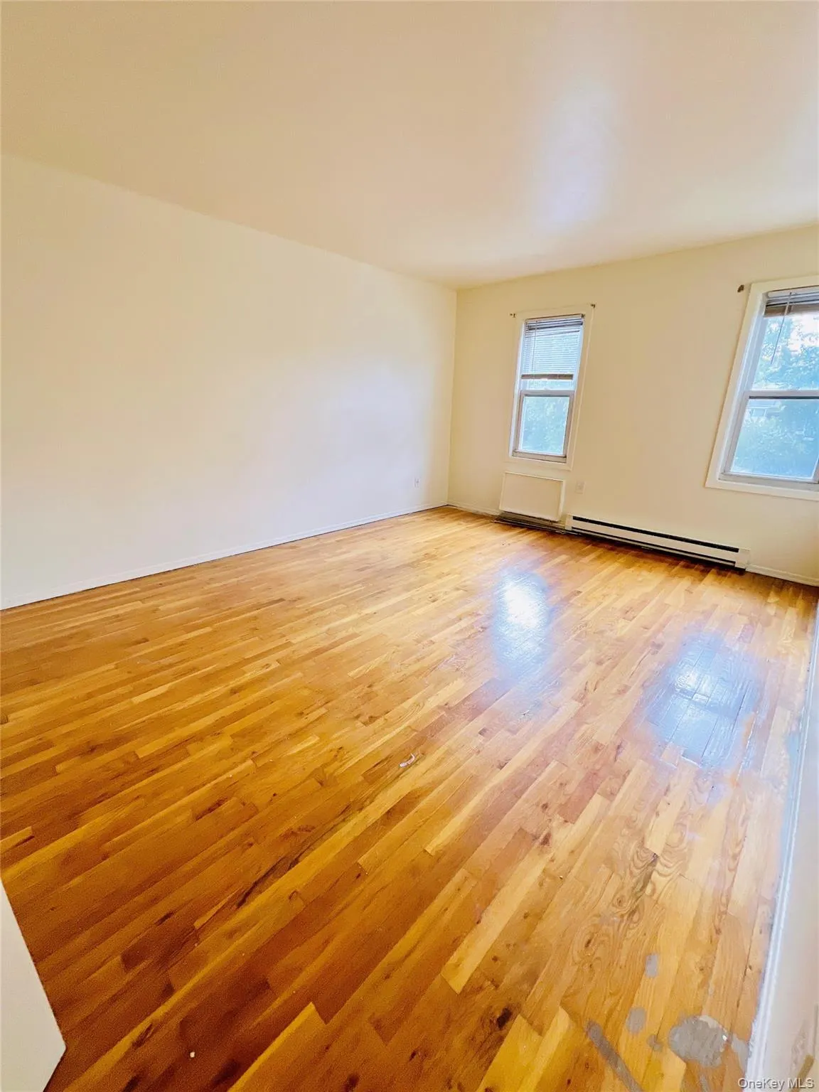 Unfurnished room with light wood-style flooring and a baseboard radiator Unfurnished room with light wood-style flooring and a baseboard radiator