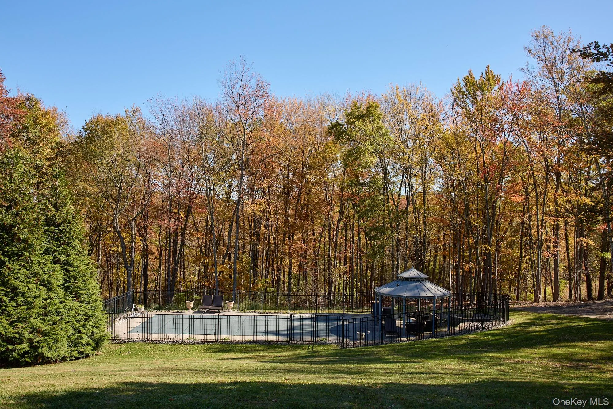View of swimming pool with a patio area, a view of trees, and a gazebo View of swimming pool with a patio area, a view of trees, and a gazebo
