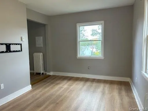 Unfurnished room with light wood finished floors and radiator Unfurnished room with light wood finished floors and radiator