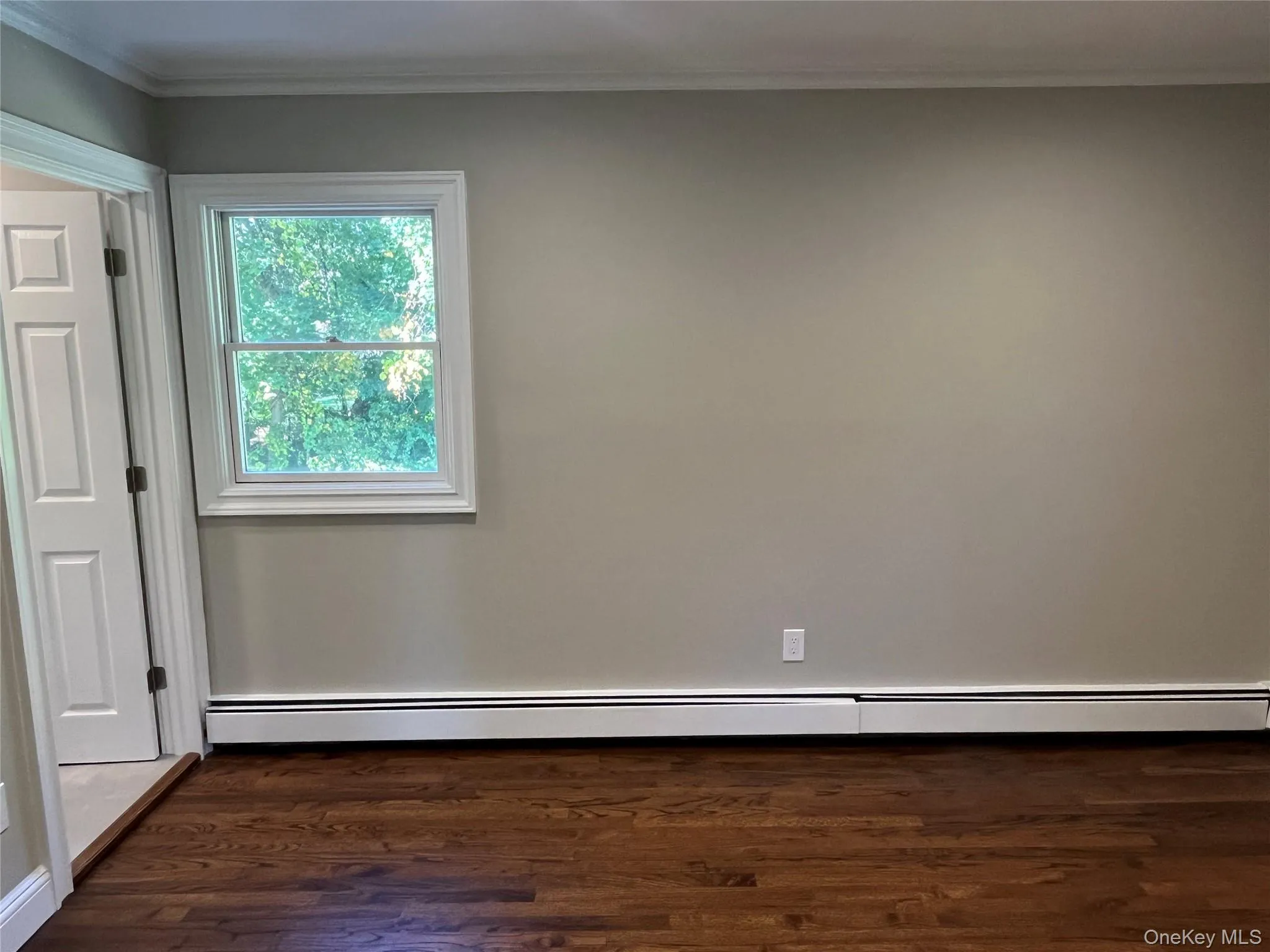 Unfurnished room with ornamental molding, dark wood-style floors, and a baseboard heating unit Unfurnished room with ornamental molding, dark wood-style floors, and a baseboard heating unit