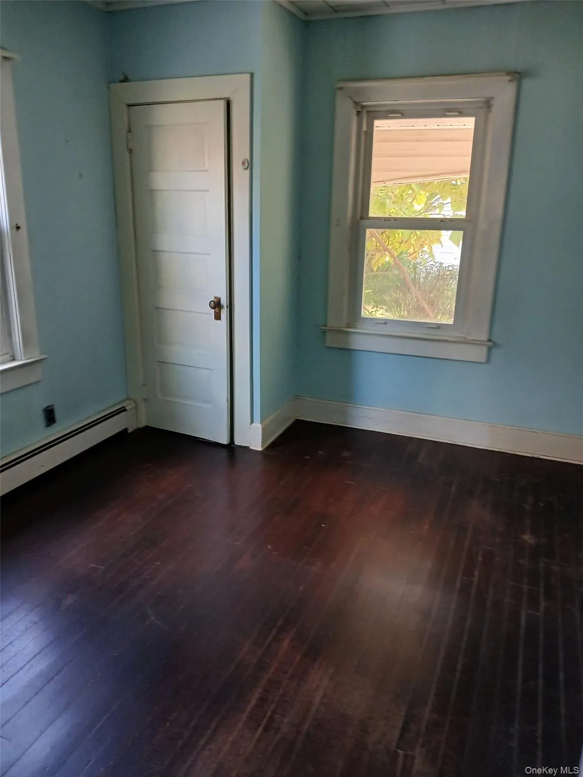 Spare room with a baseboard heating unit, dark wood finished floors, and ornamental molding Spare room with a baseboard heating unit, dark wood finished floors, and ornamental molding
